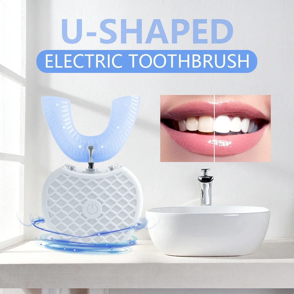 Teeth Whitening With Blue Light - 超音波電動歯ブラシ 大人用 自動U字型フルマウス360 ° クリーンティースホワイトニング IPX7防水