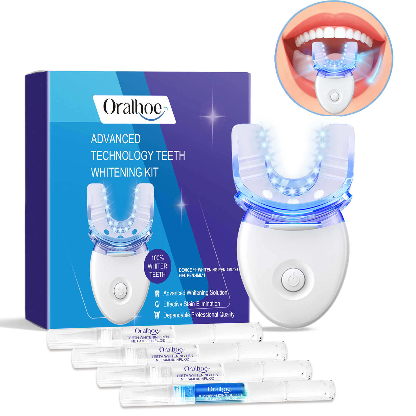 Teeth Whitening With Blue Light - プロフェッショナルな歯のホワイトニングLEDライトキット、4倍のホワイトニングジェル、加速ホワイトニングシステム、白い笑顔のためのブルーライトツール