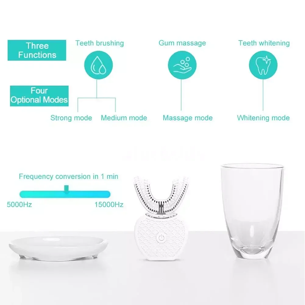 超音波電動歯ブラシ 大人用 自動U字型フルマウス360 °  - Teeth Whitening With Blue Light のレビューと価格