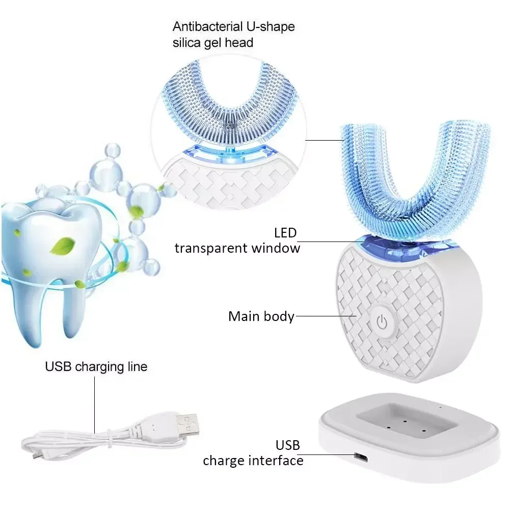 超音波電動歯ブラシ 大人用 自動U字型フルマウス360 °  - Teeth Whitening With Blue Light のレビューと価格